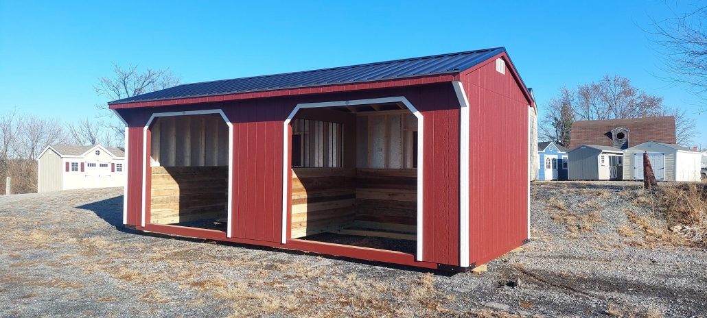 red horse run in shed with two stalls